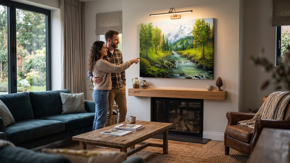 Couple choosing large canvas wall art above a fireplace in a living room