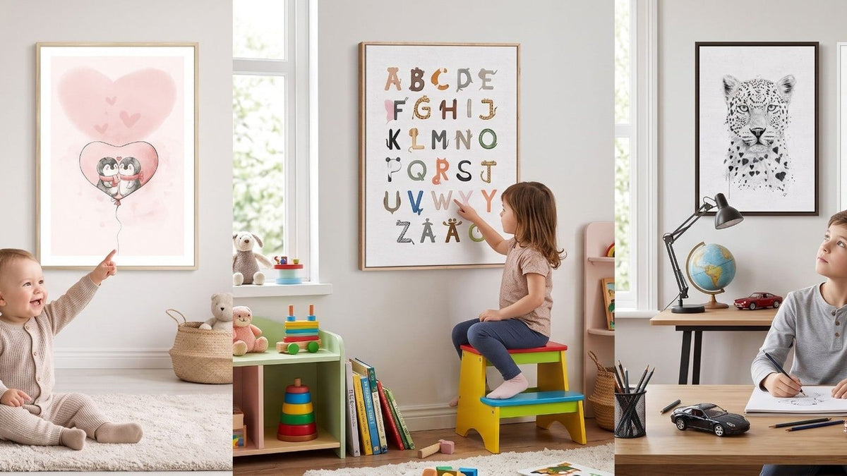 Kids canvas wall art pieces grouped by child age stage on a plain wall