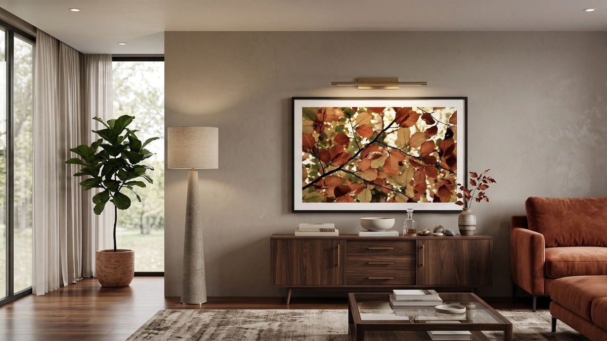 Seasonal canvas print hung during a summer to fall wall art swap