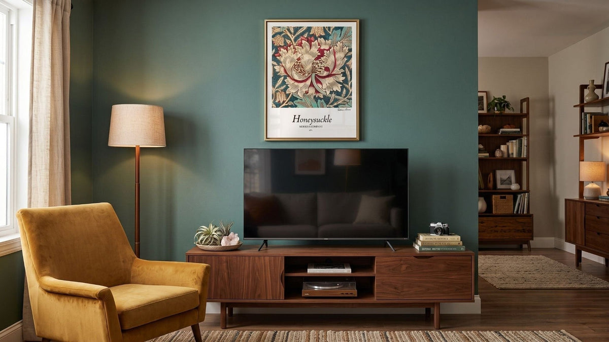 William Morris Honeysuckle canvas wall art hung above a TV on a teal living room wall