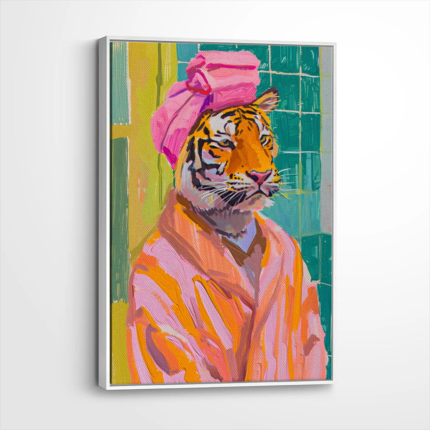 Tiger in a pink towel turban and striped bathrobe spa-day portrait, white framed canvas, WLC142