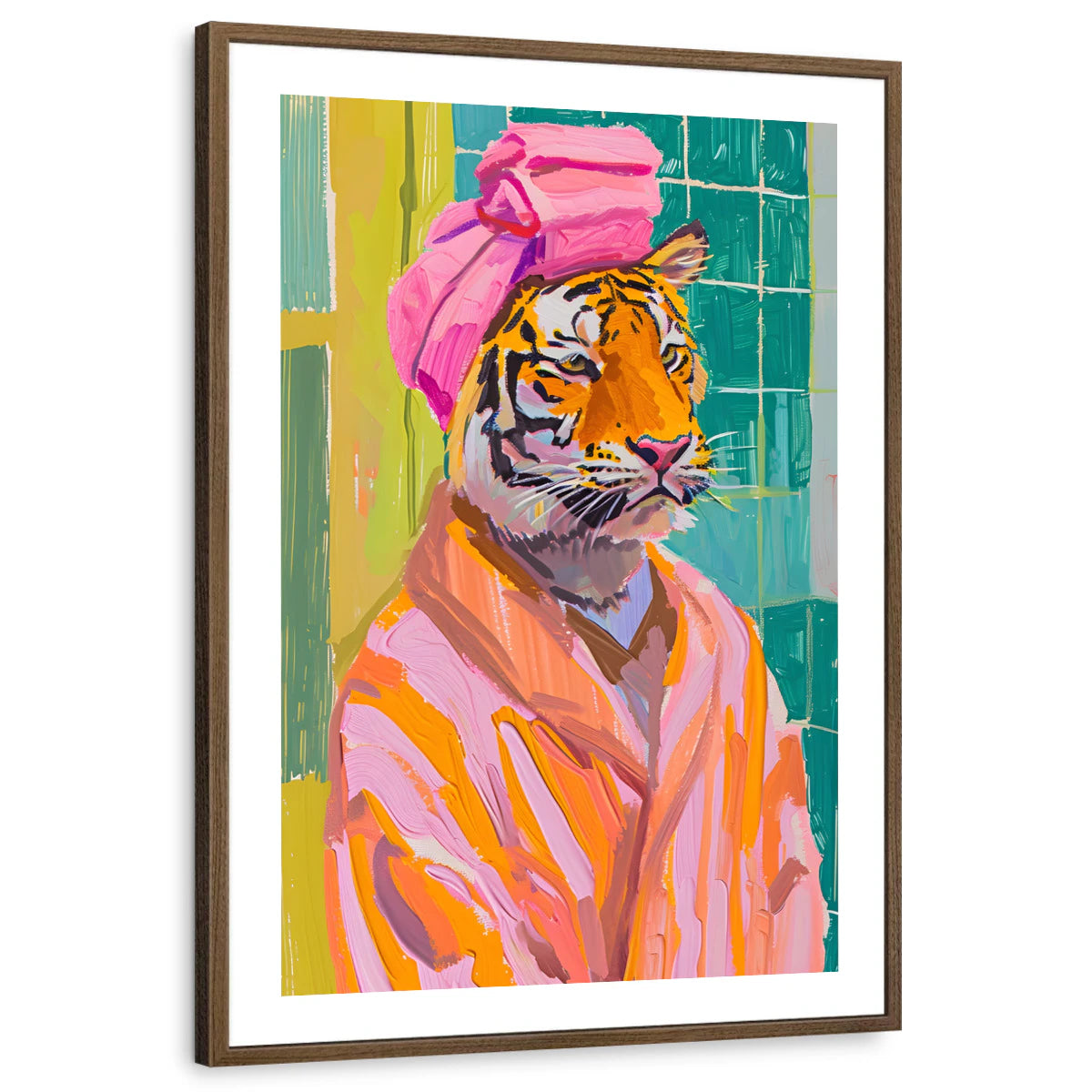 Tiger in a pink towel turban and striped bathrobe spa-day portrait, brown walnut framed print with white border, WLC142