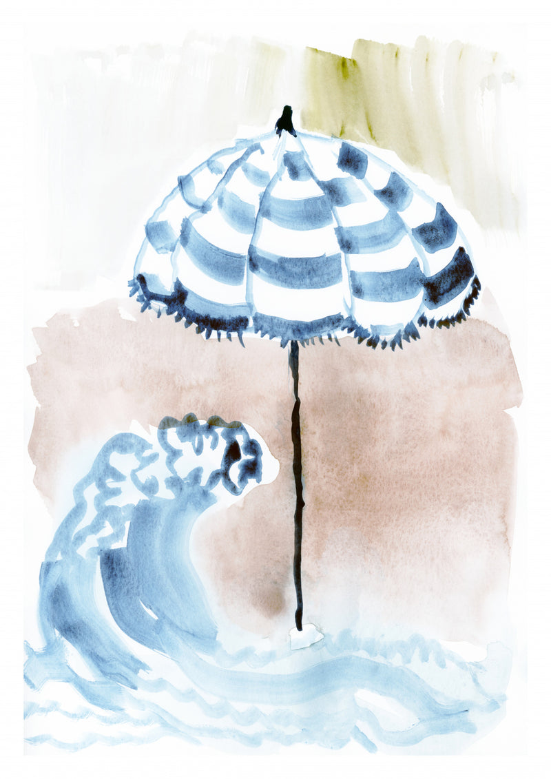 Striped Beach Umbrella and Ocean Wave Watercolor