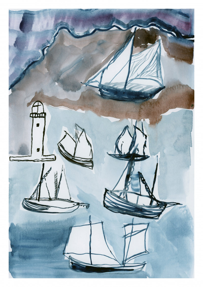 Maritime Sketch Sailing Ships and Lighthouse