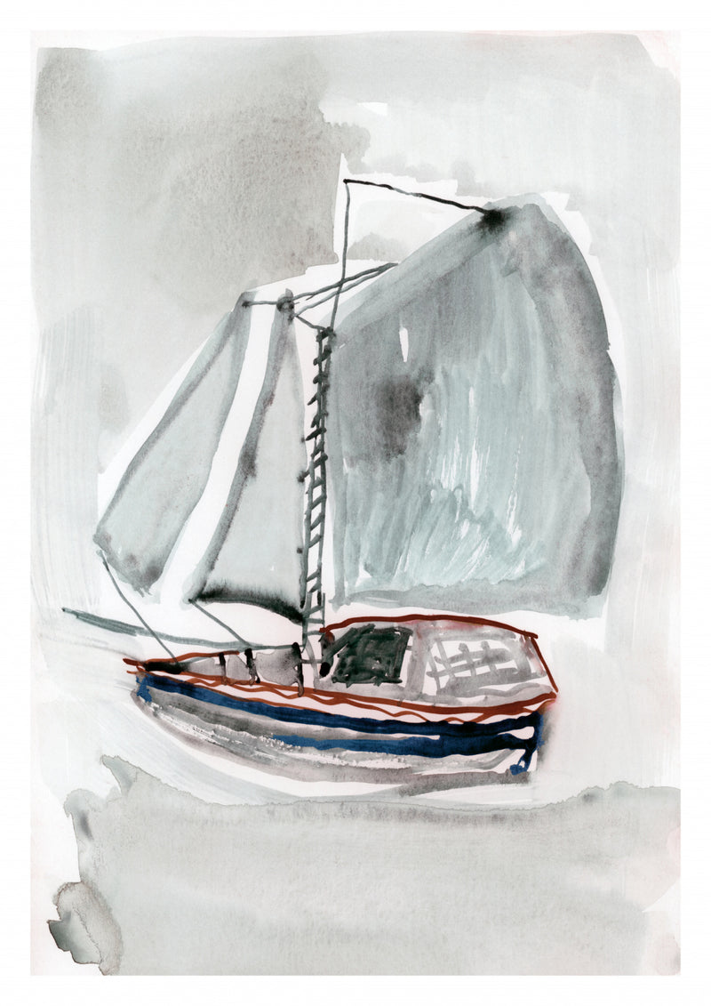 Minimalist Watercolor Sailboat Sketch in Grey and Navy