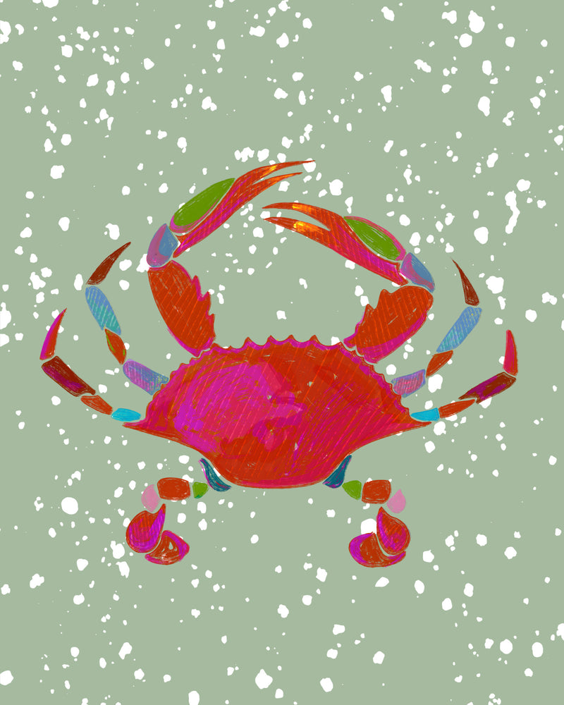 Vibrant Colorful Crab Illustration on Speckled Sage Background