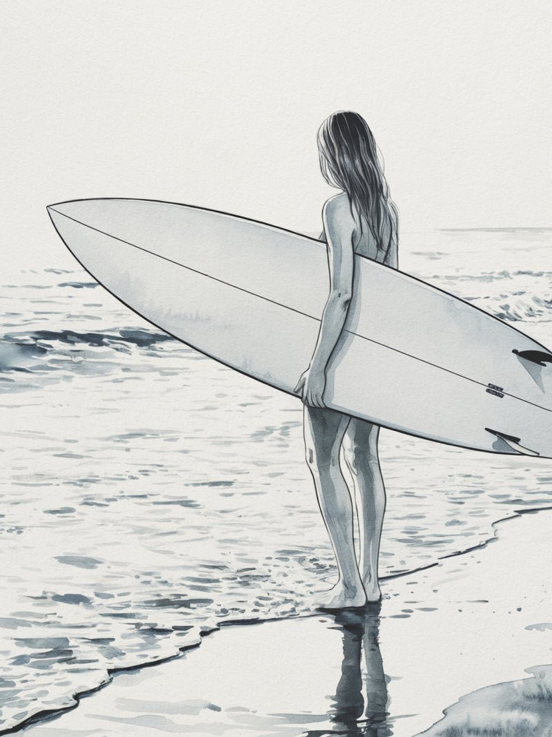 Surfer Standing on Shoreline Sketch