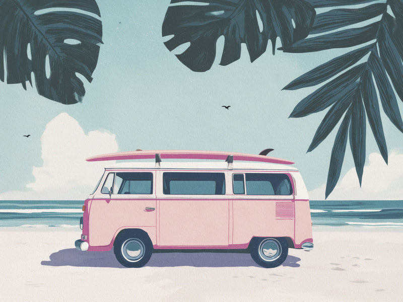 Vintage Pink Surf Bus Tropical Escape