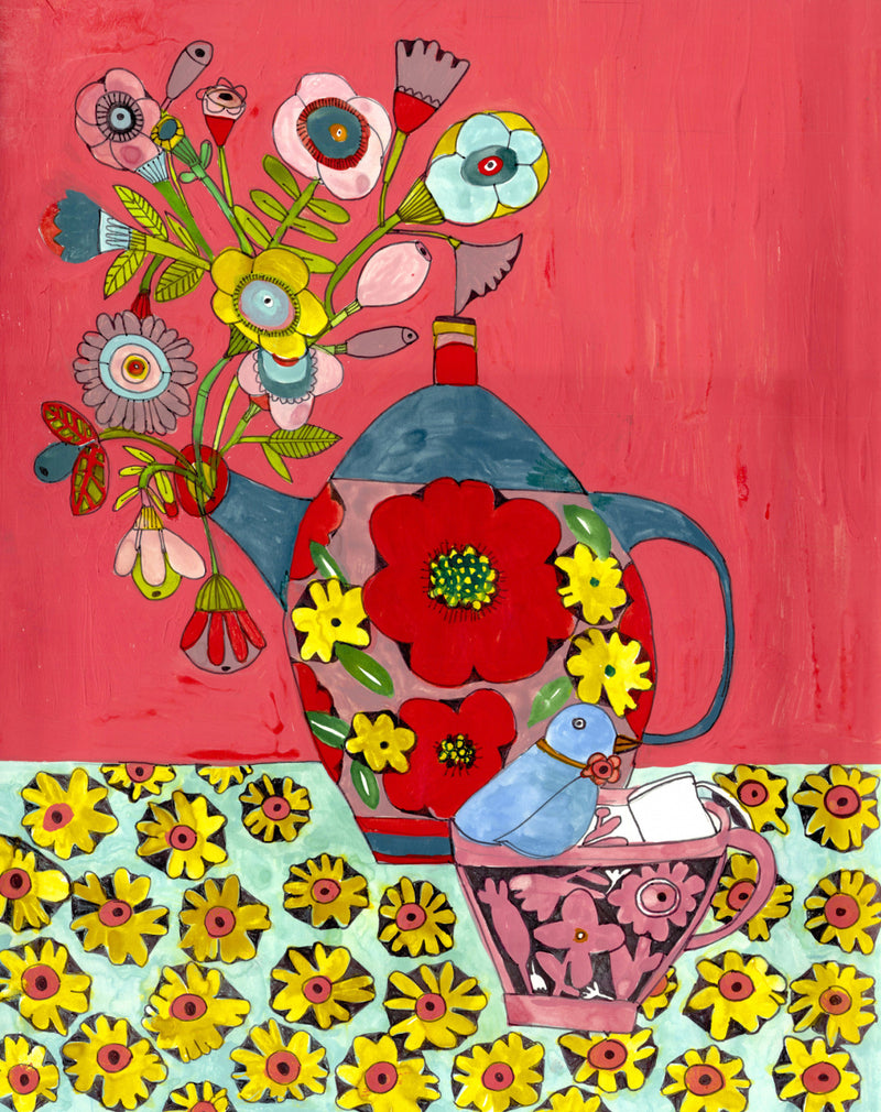 Whimsical Floral Teapot and Cup Still Life