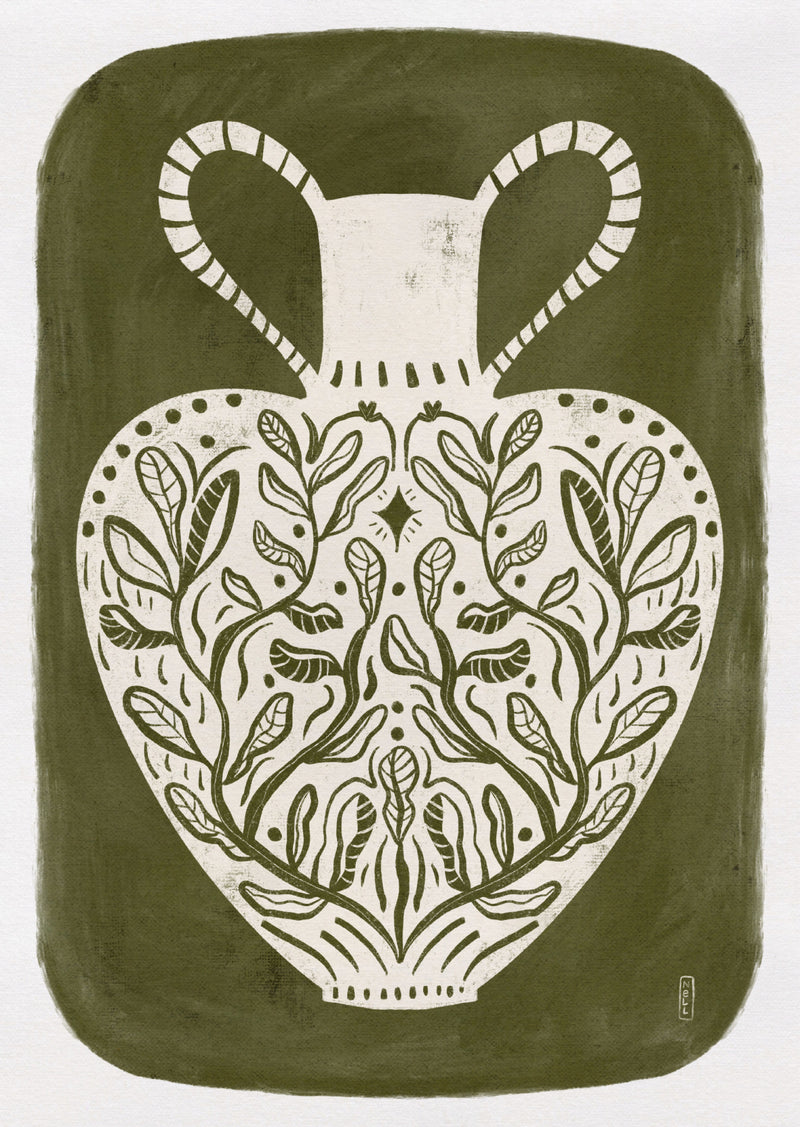 Olive Green Botanical Amphora Vessel Illustration