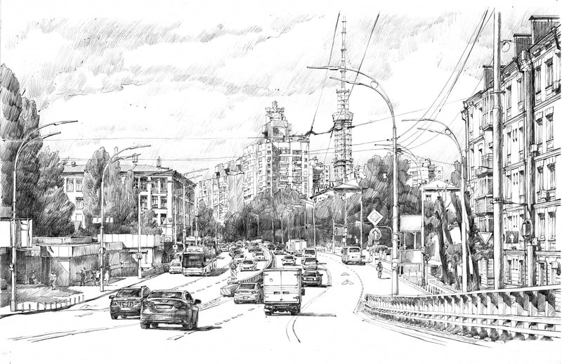 Urban Boulevard Pencil Sketch