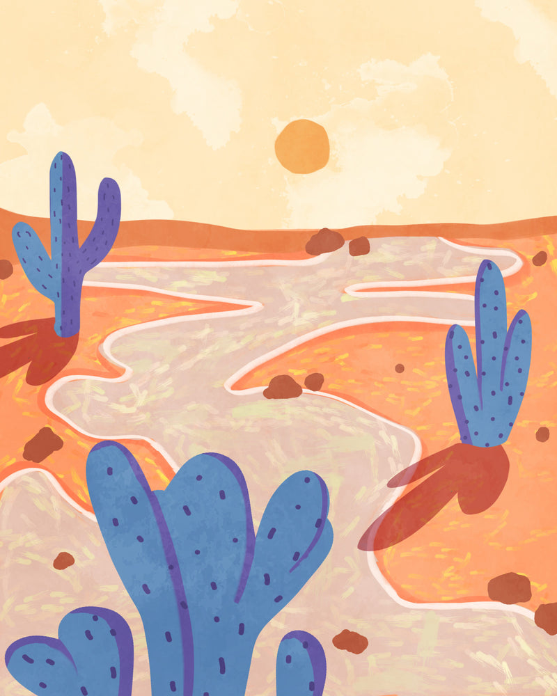 Blue Cactus Desert Sunset Illustration