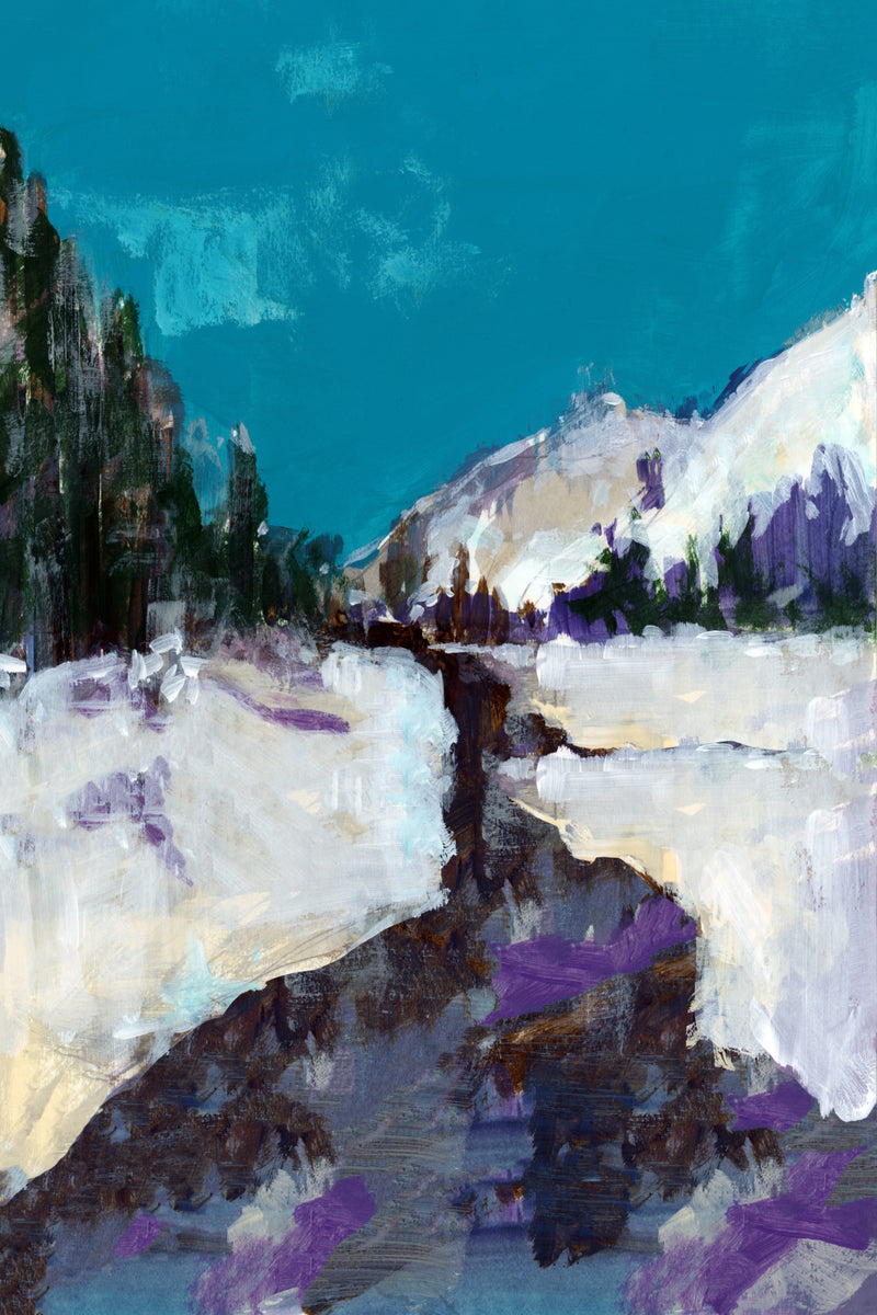 Abstract Teal and Violet Snowy Mountain Peaks