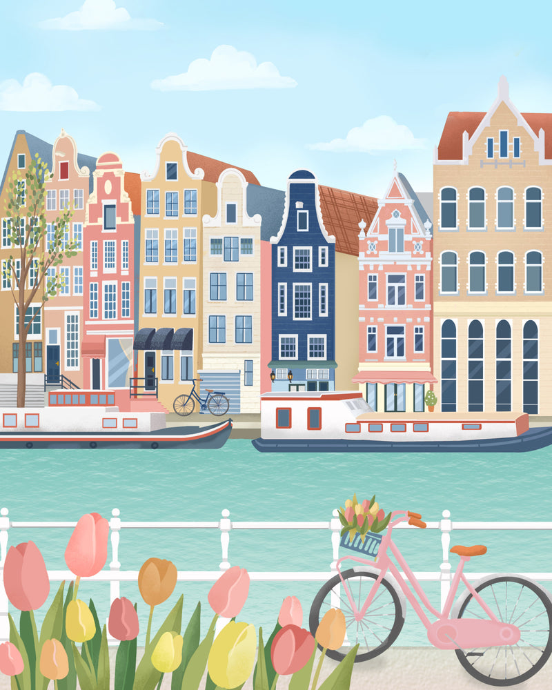 Amsterdam Canal Houses and Tulips Illustration