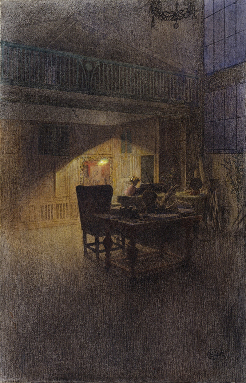 Dimly Lit Study Interior Sketch