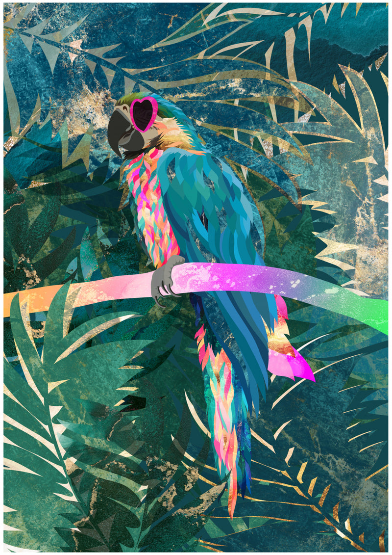 Eclectic Macaw with Heart Glasses Tropical Collage