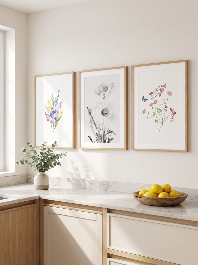 Kitchen gallery wall of three botanical watercolor prints in natural-oak frames above a marble counter