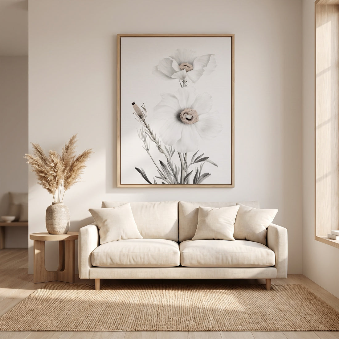 Minimalist Japanese Anemone Botanical framed canvas in a calm Japandi living room