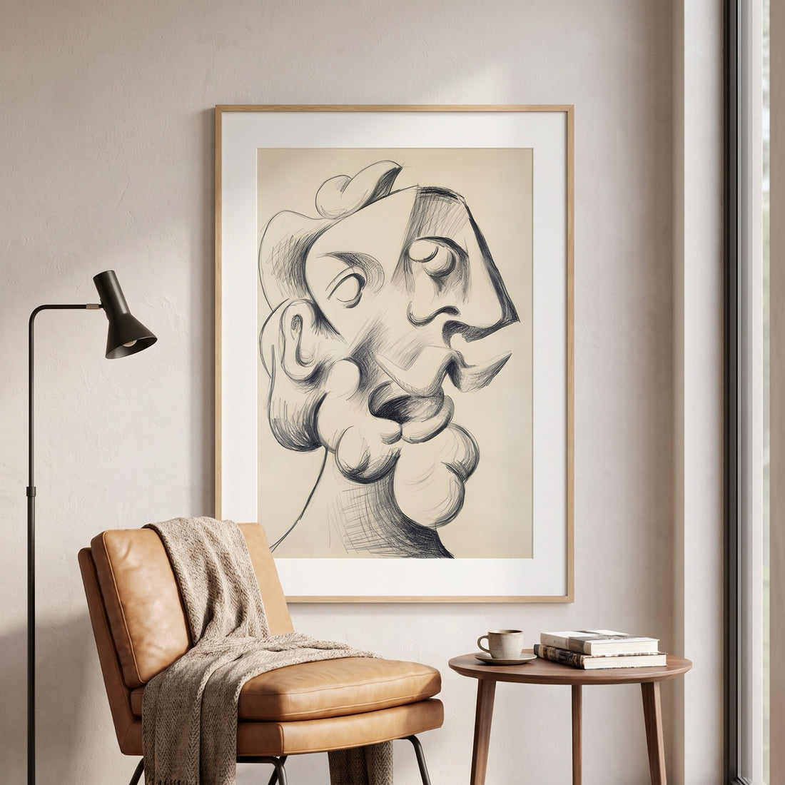 Cubist Male Portrait Sketch framed print in a mid-century modern reading nook
