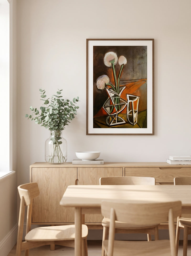 Dining room with Abstract Expressionist Florals print in a walnut frame above a sideboard