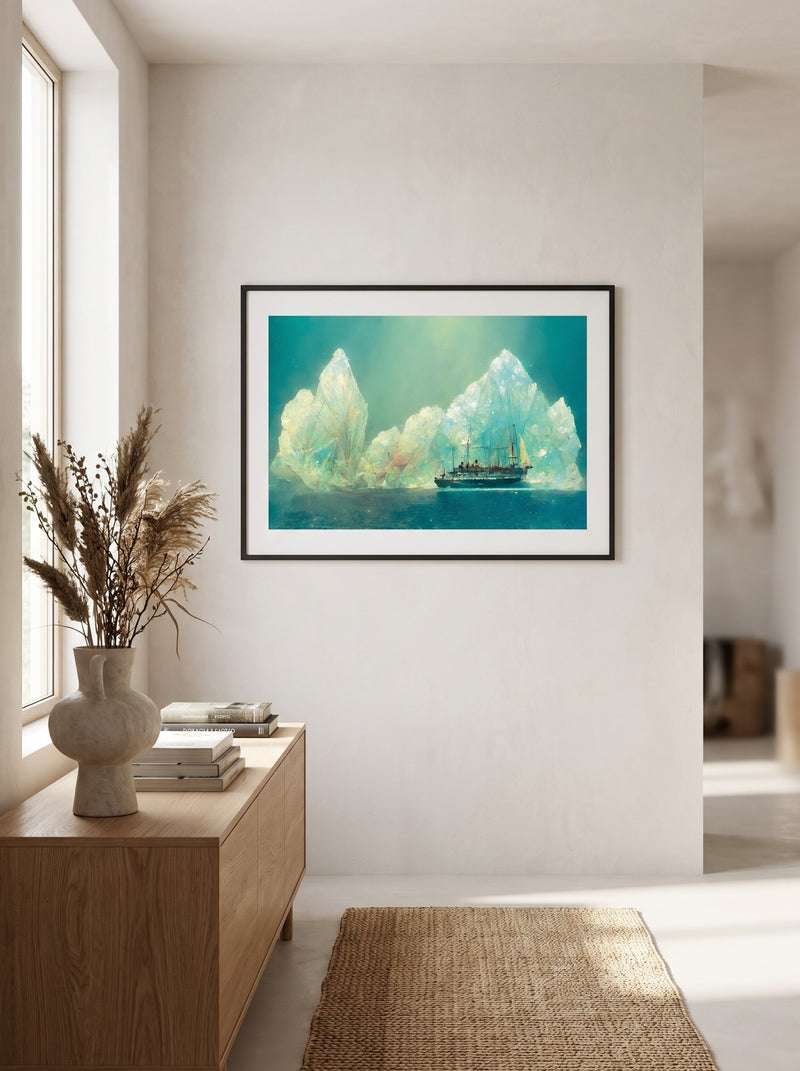 Hallway with The Crystal Sea Expedition print in a black frame above a console