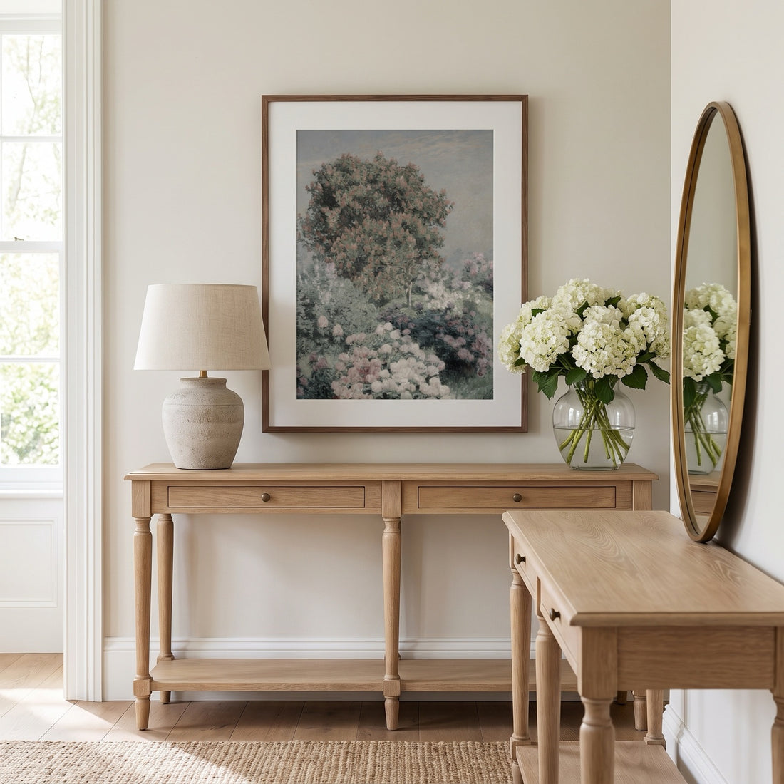 Impressionist Lilac and Hydrangea Garden Study framed print in an elegant entryway