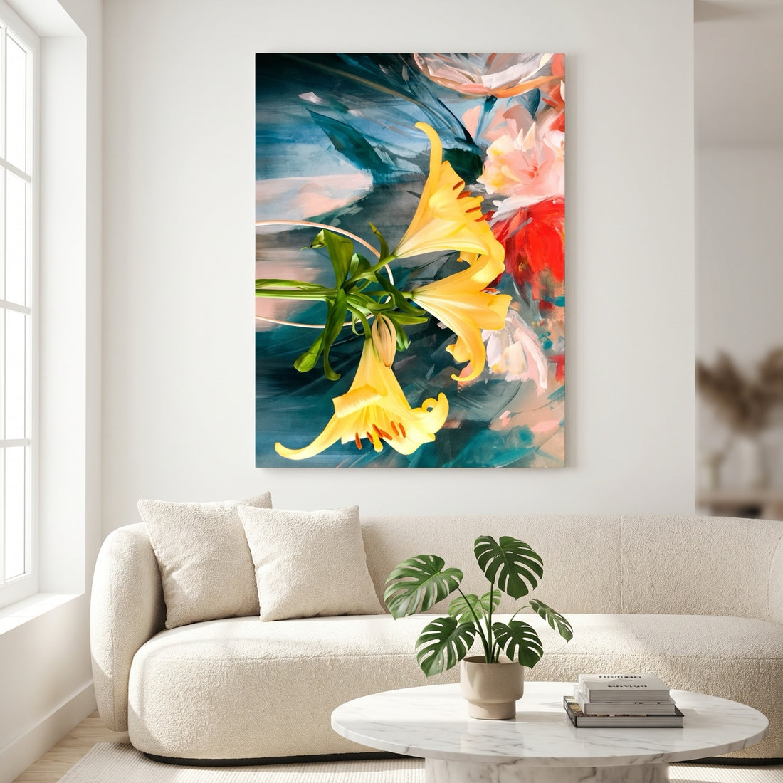 Sunny Lilies Against Teal Impressionism canvas in a bright modern living room