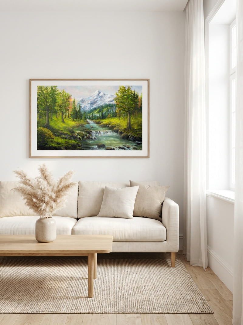 Living room with Serenade of the Alpine Stream landscape in a walnut frame above a linen sofa