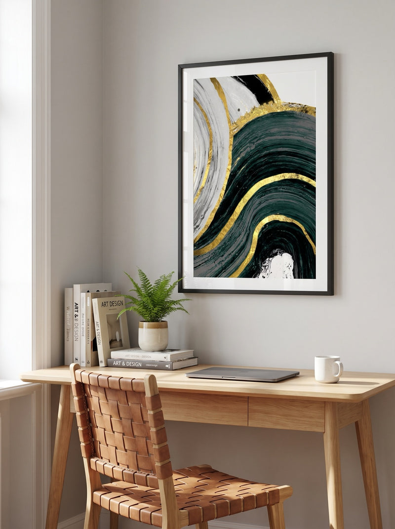 Home office with Emerald Currents and Gilded Veins print in a black frame above a desk