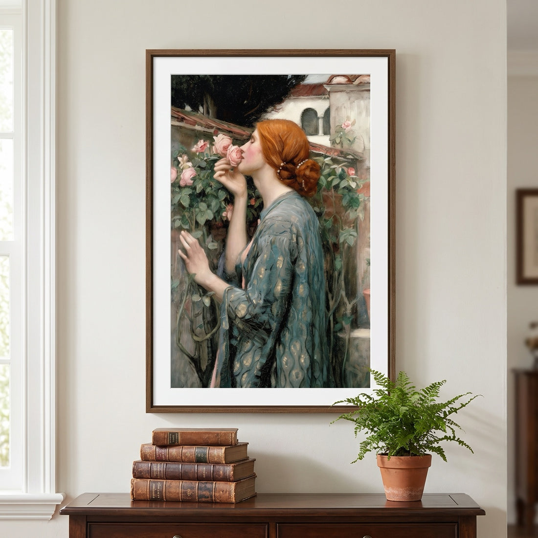 The Soul of the Rose Classical Portrait, slim walnut-framed print in a refined traditional study